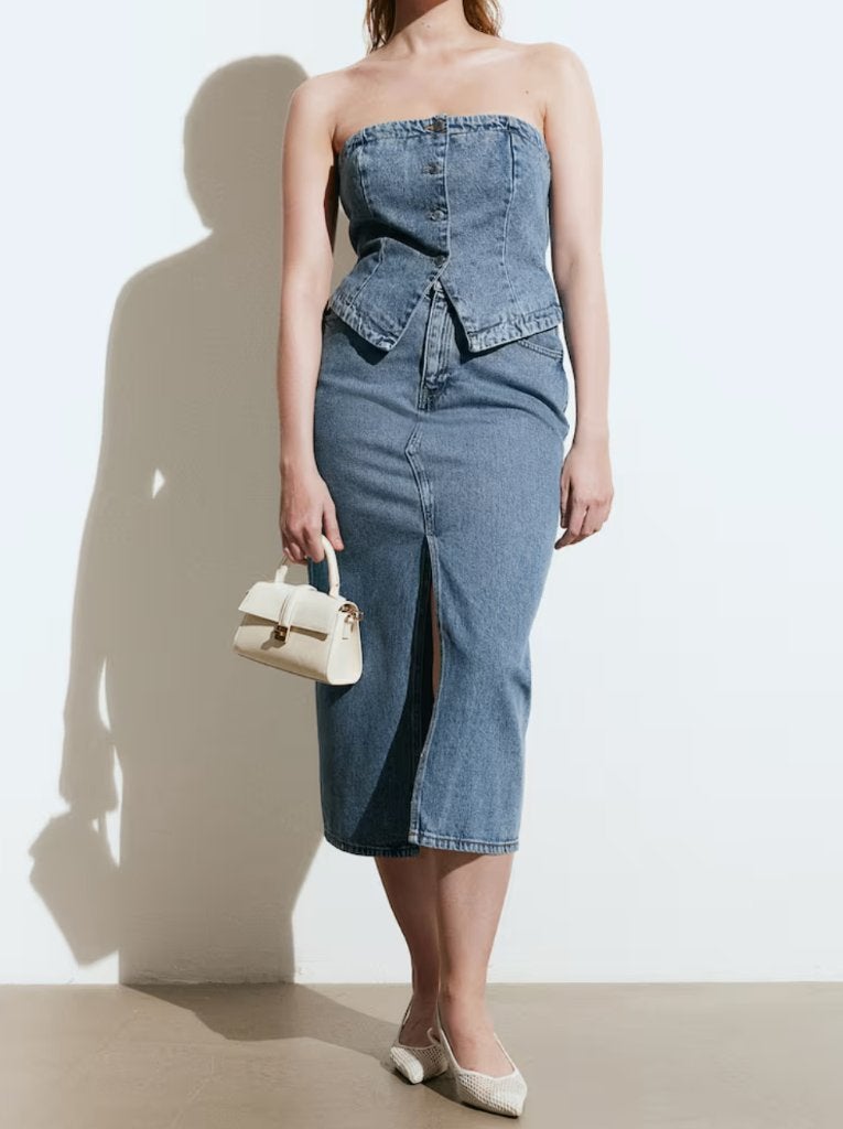 H&M lange spijkerrok rok midirok denimblauw maat 42, H&M, Blauw, Maat 42/44 (L), Nieuw