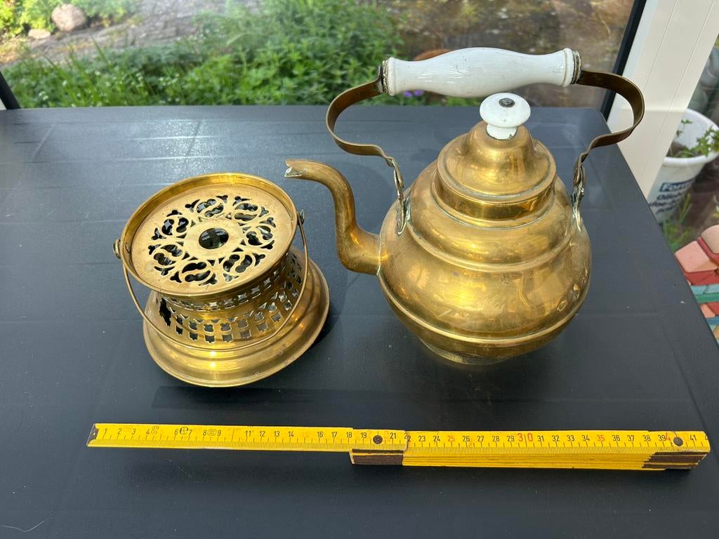 Antieke theepot met rechaud / theestoof, Ophalen of Verzenden