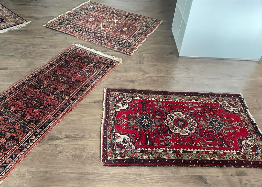 Set van 4 antieke Perzische tapijten / lopers, Zo goed als nieuw, 150 tot 200 cm, Rechthoekig, Rood
