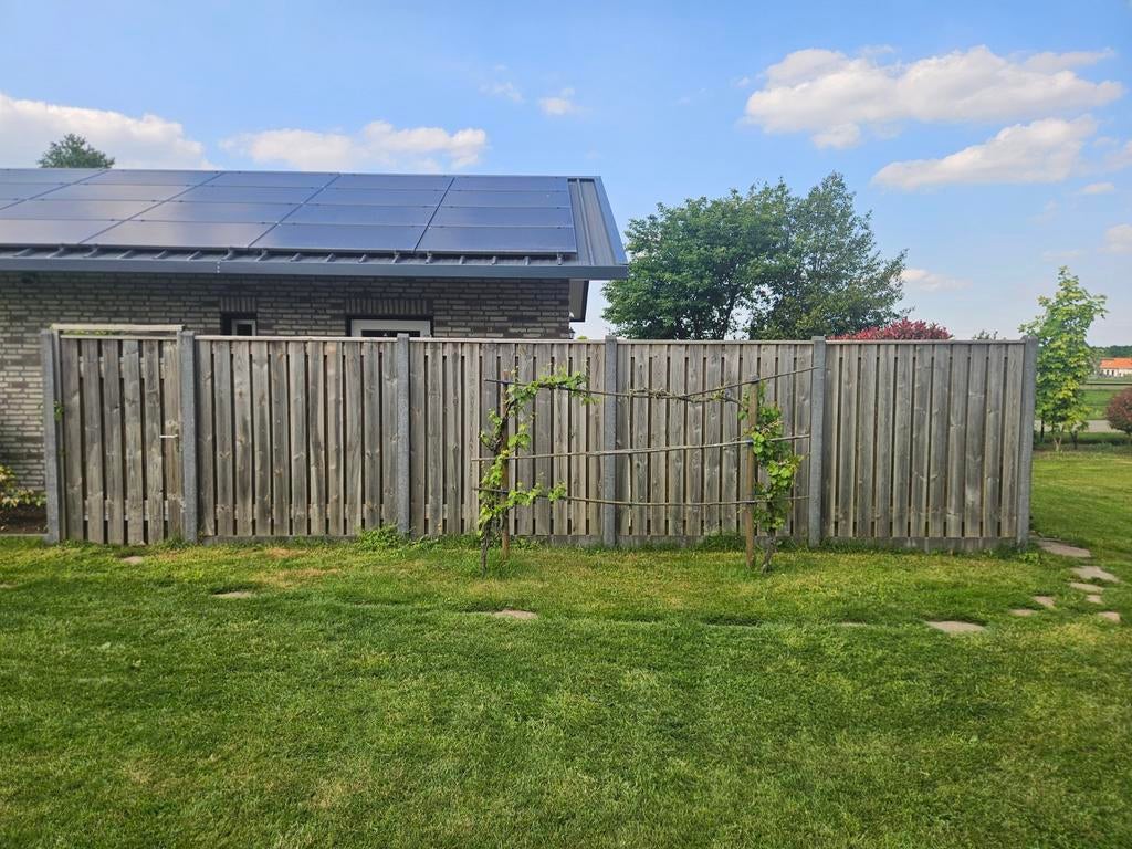 Tuinscherm met betonwand en afsluitbare poort, Tuin en Terras, Schuttingen, Ophalen, 6 meter of meer, Hout, 1 tot 2 meter