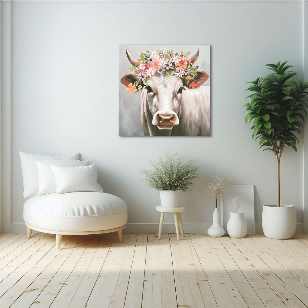 3D Schilderij | Koe & Bloemen | 80x80 | Peinted, Ophalen of Verzenden