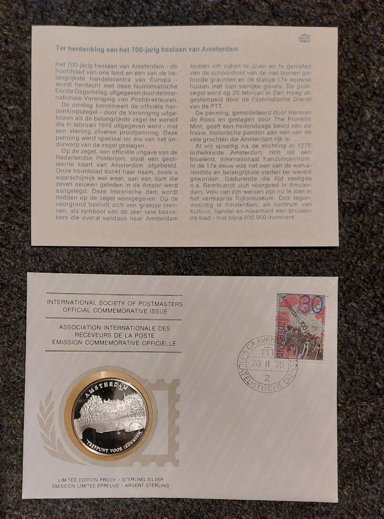 postzegel, munt ,eerste dag uitgifte ,Amsterdam 700 jaar, Postzegels en Munten, Ophalen of Verzenden, Na 1940, Gestempeld