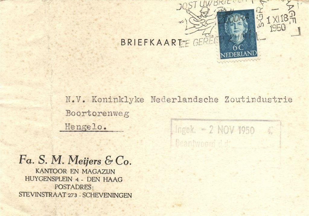 Fa. S.M. Meijers + Co., Den Haag / Scheveningen - 11.1950 -, Postzegels en Munten, Ophalen of Verzenden, Briefkaart