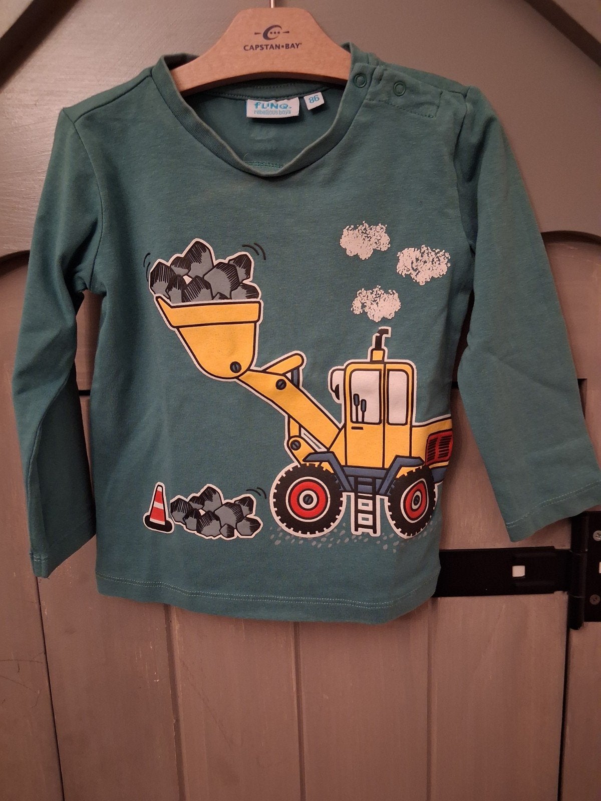 Flinq groen jongens truitje / shirtje met voertuig, maat 86, Kinderen en Baby's, Gebruikt, Ophalen of Verzenden, Flinq, Jongetje