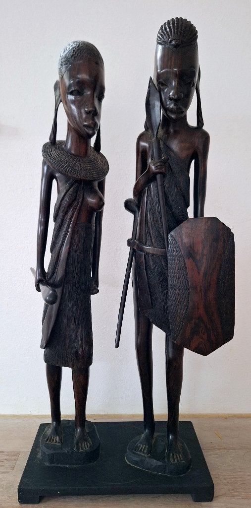 Ebbenhouten Afrikaanse Beelden - Man en Vrouw, Antiek en Kunst, Kunst | Beelden en Houtsnijwerken, Groep mensen, Ophalen of Verzenden