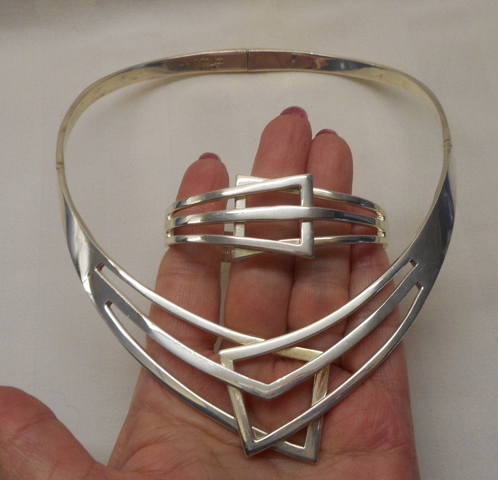 Zilveren prachtige massieve modernist set spang met armband, Verzenden, Zo goed als nieuw, Zilver, Zilver