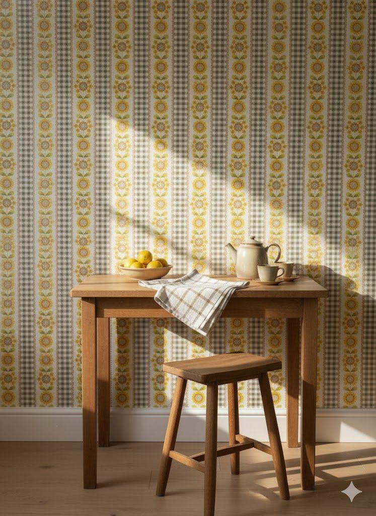 6984 geel ruit vintage bloemen behang cottage style swiet, Ophalen of Verzenden, Minder dan 10 m², Beige