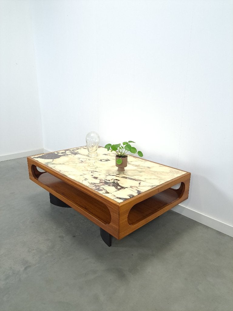 Teak salontafel met groot marmeren blad, Gebruikt, 100 tot 150 cm, Vintage, Overige materialen