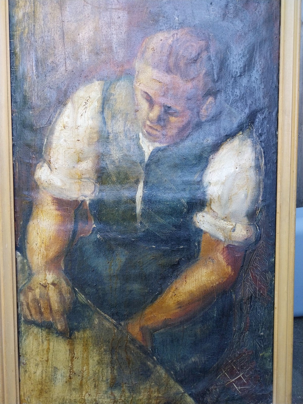 Schilderij van een werkende man 1905 Belgische werk., Antiek en Kunst, Ophalen