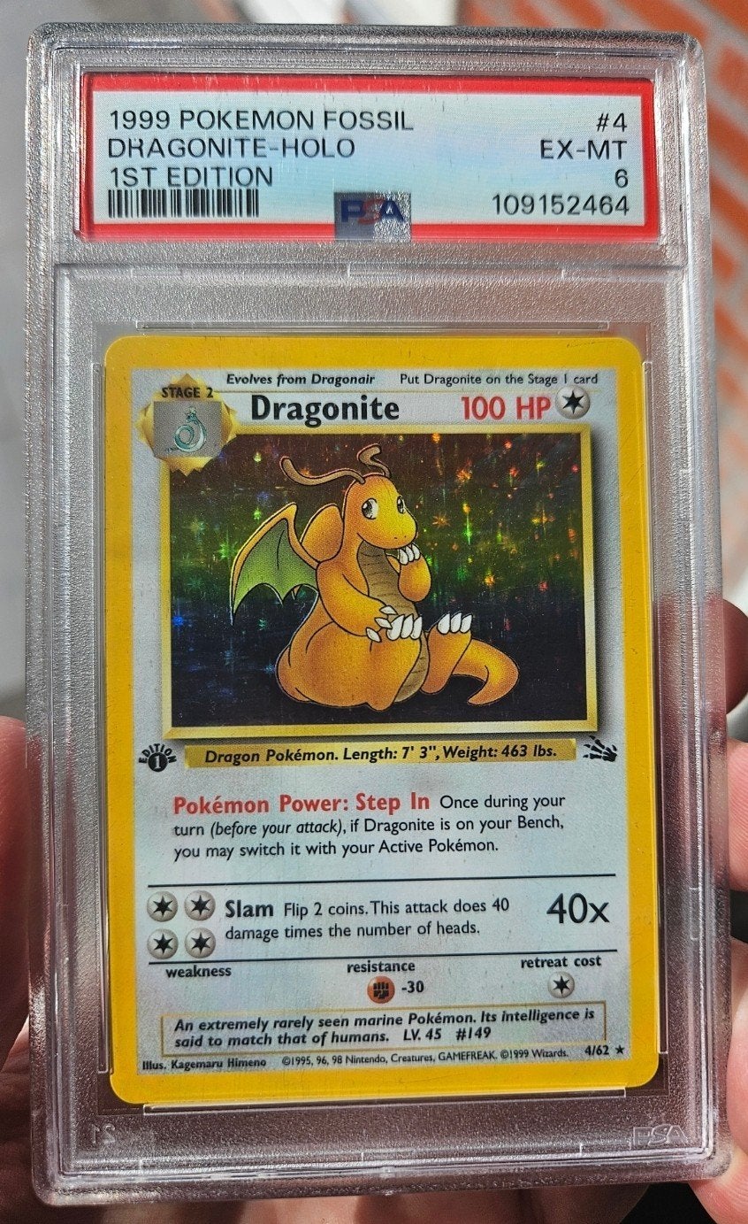 1999 Pokémon Fossil Dragonite-Holo 1st Edition PSA 6, Verzenden, Zo goed als nieuw, Losse kaart, Foil