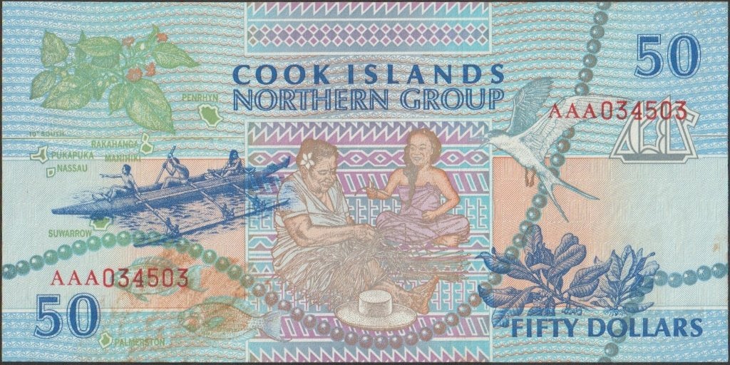 Cook Islands 50 dollars ND(1992) aUNC p.10a (# 368), Verzenden, Los biljet