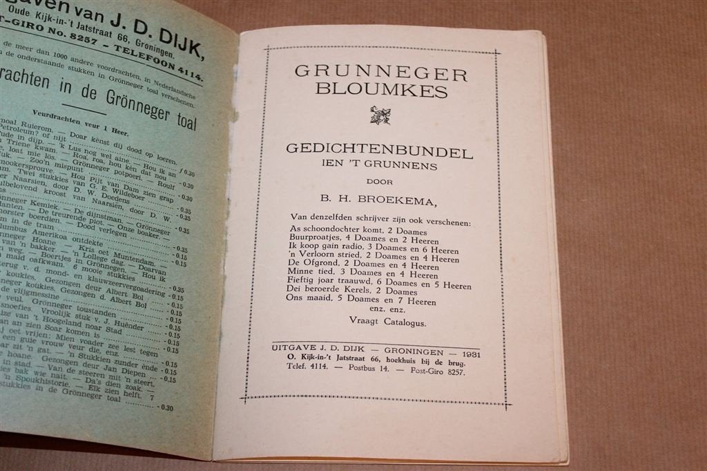 Grunneger Bloumkes — 20 Gedichten van Broekema 1931, Ophalen of Verzenden, Gelezen
