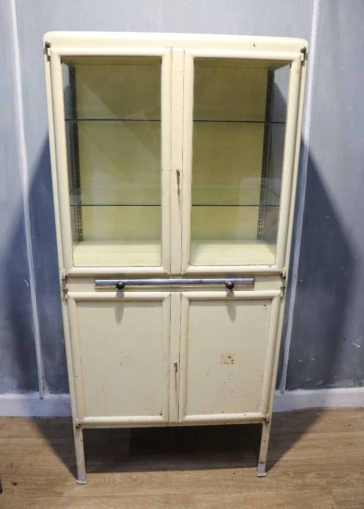 Metalen vintage dokterskast, Huis en Inrichting, Minder dan 50 cm, Gebruikt, Ophalen of Verzenden, Glas