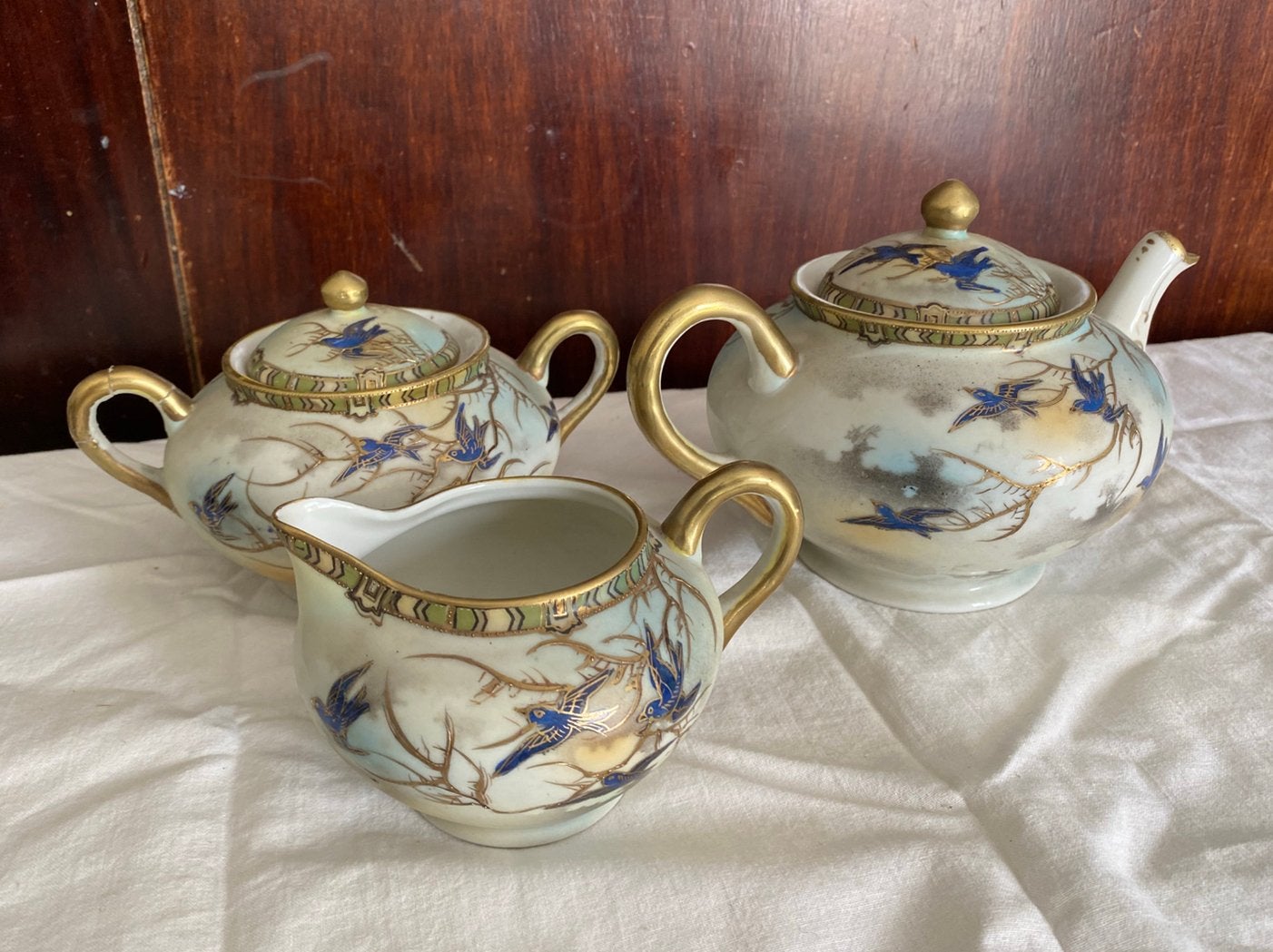 Antiek Japans theeservies met vogel- en dame-decoratie, Ophalen