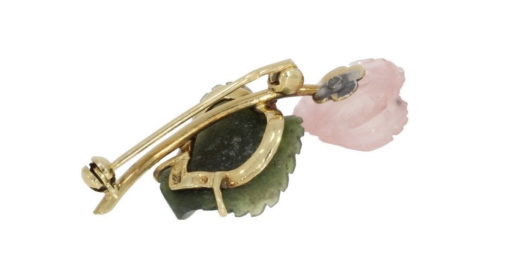 Diamant jade rozenkwarts 14k gouden vintage broche fraai, Sieraden, Tassen en Uiterlijk, Antieke sieraden, Verzenden, Goud, Broche