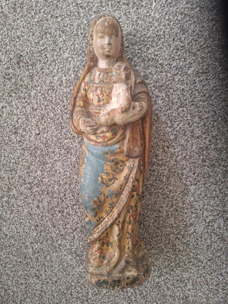 Oud religieus beeldje. Heilige Maria met Jezus kind., Antiek en Kunst, Antiek | Religie, Ophalen of Verzenden