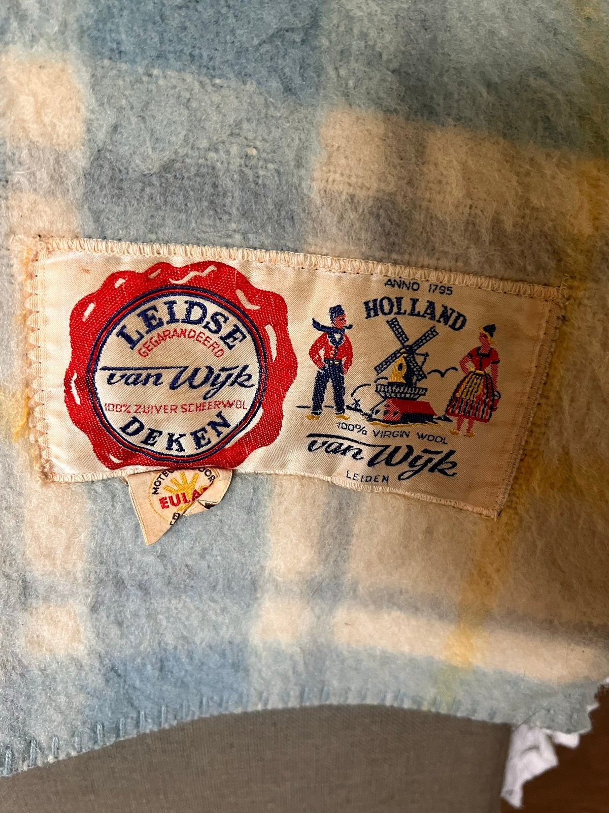 Vintage Leidse Wollen Deken - Van Wijk (180x225), Ophalen, Gebruikt, Meerkleurig, Tweepersoons