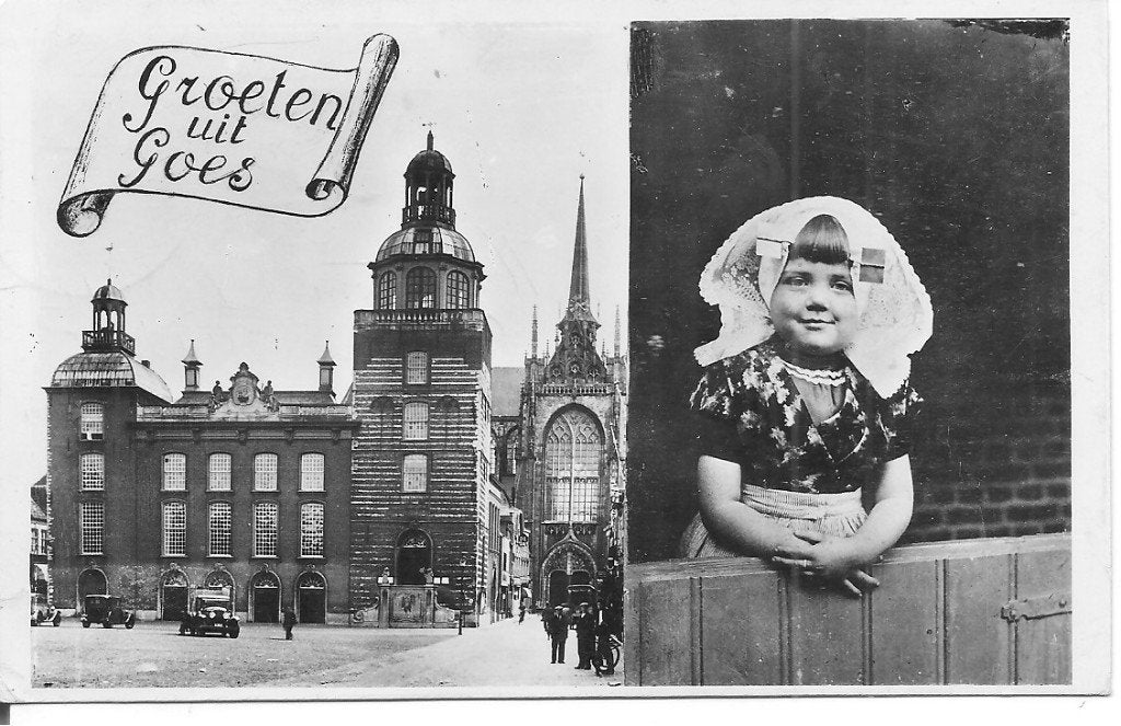 Oude ansichtkaart Groeten uit Goes met kind in klederdracht, Ophalen of Verzenden, 1940 tot 1960, Gelopen, Zeeland