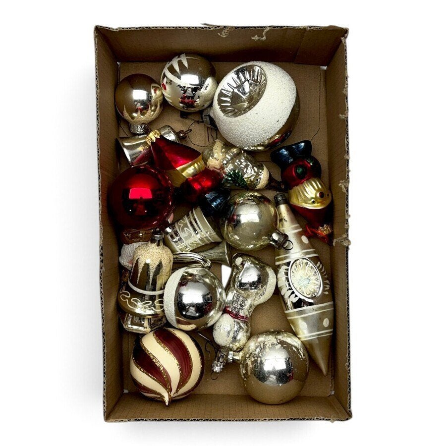 Collectie antieke glazen kerstballen met kerstkleedje, Ophalen of Verzenden, Gebruikt