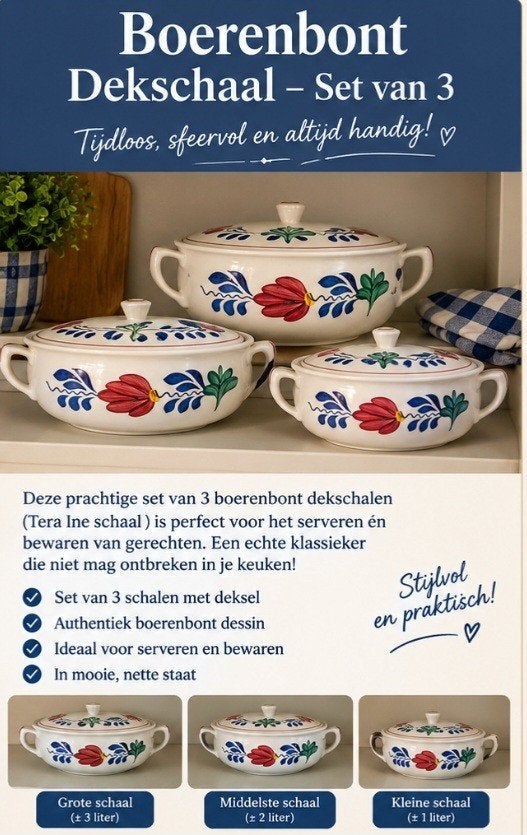 Boerenbont dekschaal set van 3 - Tijdloos en sfeervol, Ophalen, Keramiek, Landelijk/Boerenbont, Nieuw