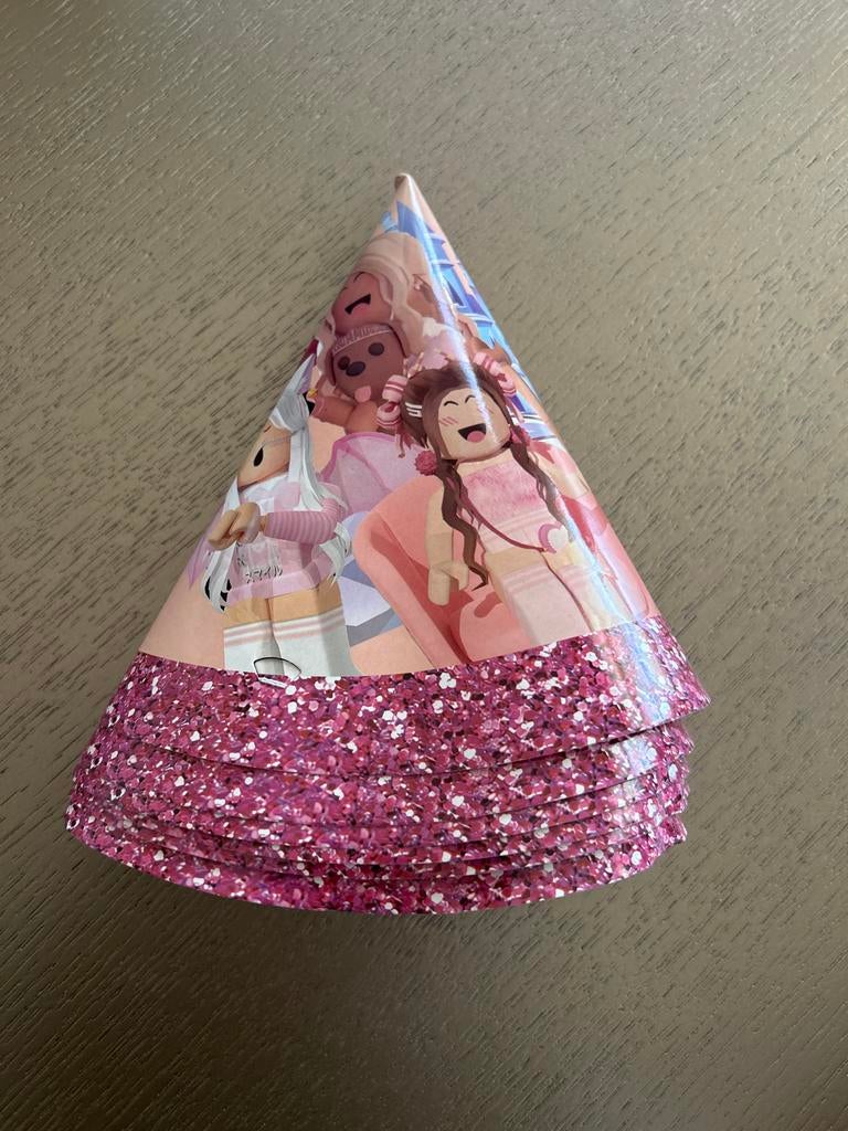 Roblox Verjaardag Feestmutsjes - Roze Glitter, Ophalen of Verzenden, Gebruikt, Feestartikel, Verjaardag