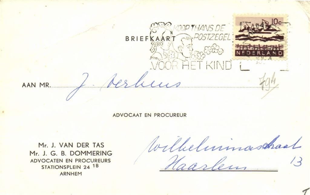 Mr. J. van der Tas + Mr. J.G.B. Dommering, Arnhem - briefkaa, Ophalen of Verzenden, Briefkaart