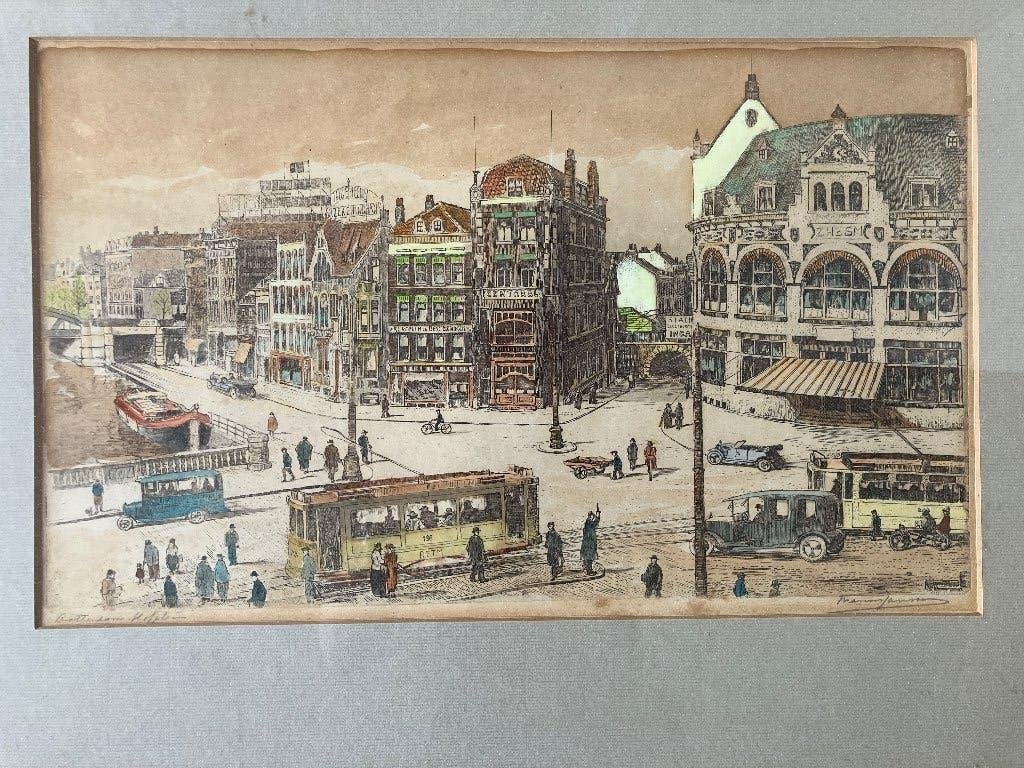 Marius Janssen - Rotterdam Hofplein ingekleurde ets, Ingelijst, Ets, Stadsgezicht, Ophalen of Verzenden