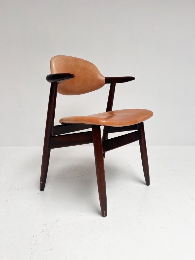 Bruinkleurige lederen cowhorn chair, 1970's, Gebruikt, Bruin, Hout, Ophalen of Verzenden