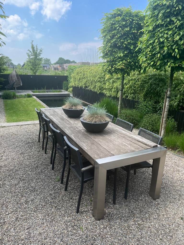 Tuintafel 300x100 rvs en vergrijsd hout, Tuin en Terras, Tuintafels, Gebruikt, Rechthoekig, Hout, Ophalen