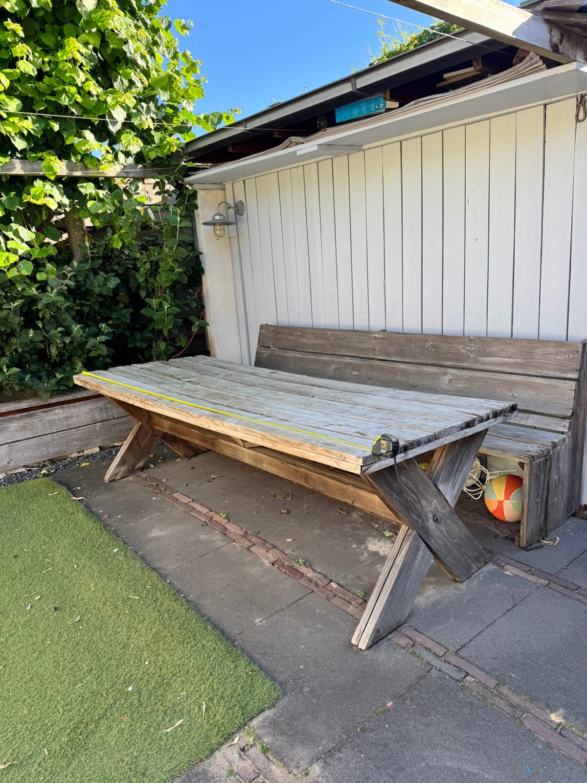 GRATIS stijgerhouten tuinset tafel 250x94x76cm, Ophalen, Gebruikt, Rechthoekig, Hout