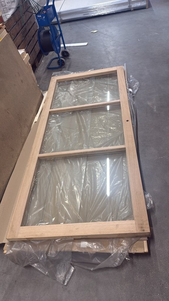 eiken binnendeur met blank glas. 231.5x93cm, Ophalen, Ootmarsumseweg 42, Nieuw, Pannenloods