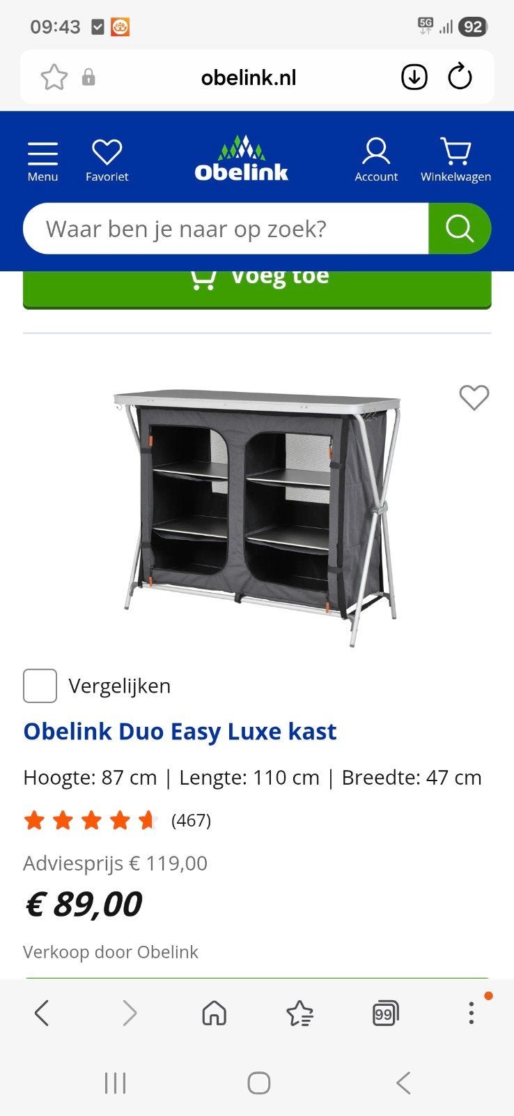 Obelink Duo Easy Luxe kast - 1 seizoen gebruikt, Ophalen