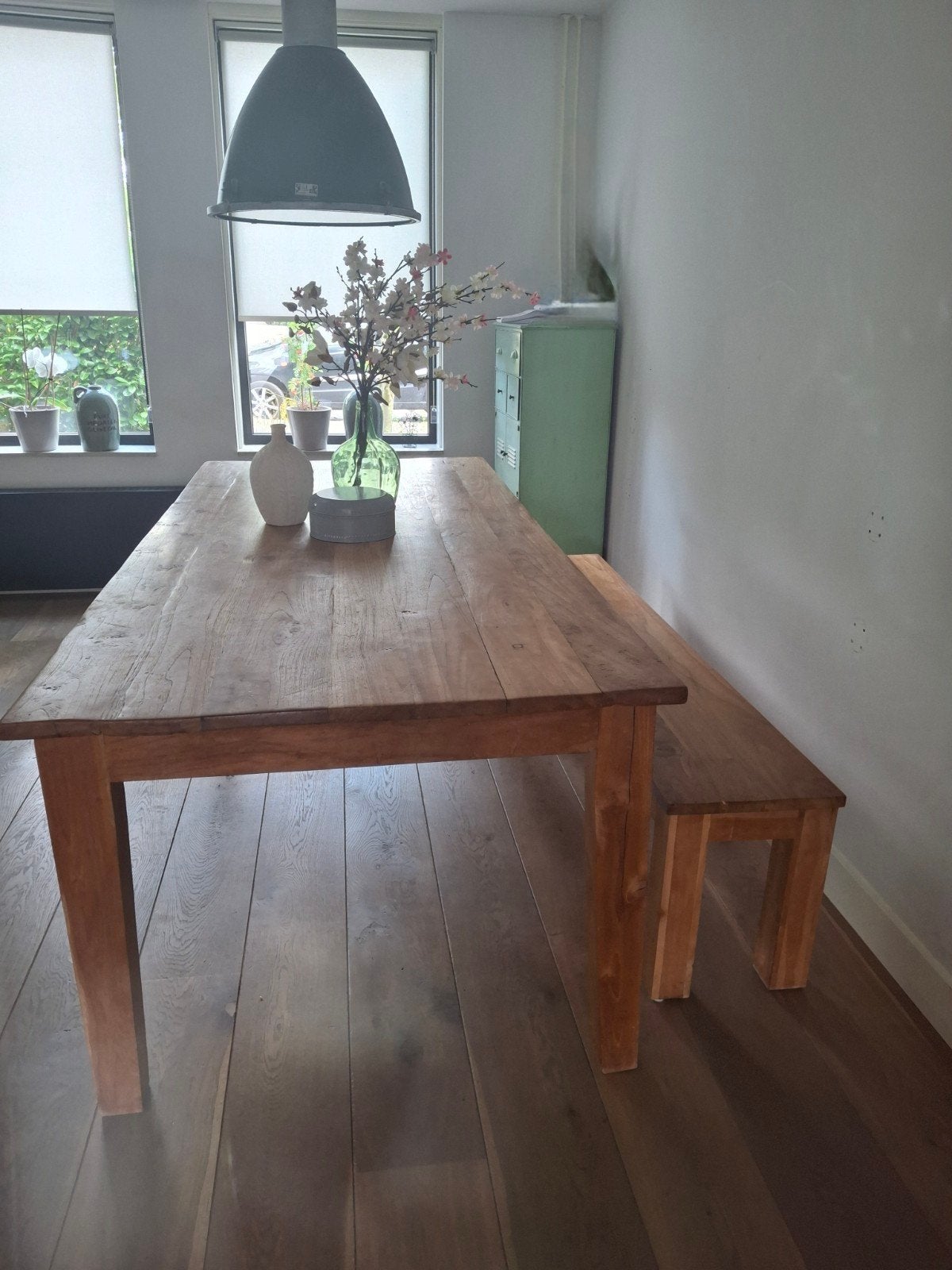 Robuuste houten eettafel met lades en bijpassende bank, Ophalen, Gebruikt, Landelijk, Robuust, 50 tot 100 cm