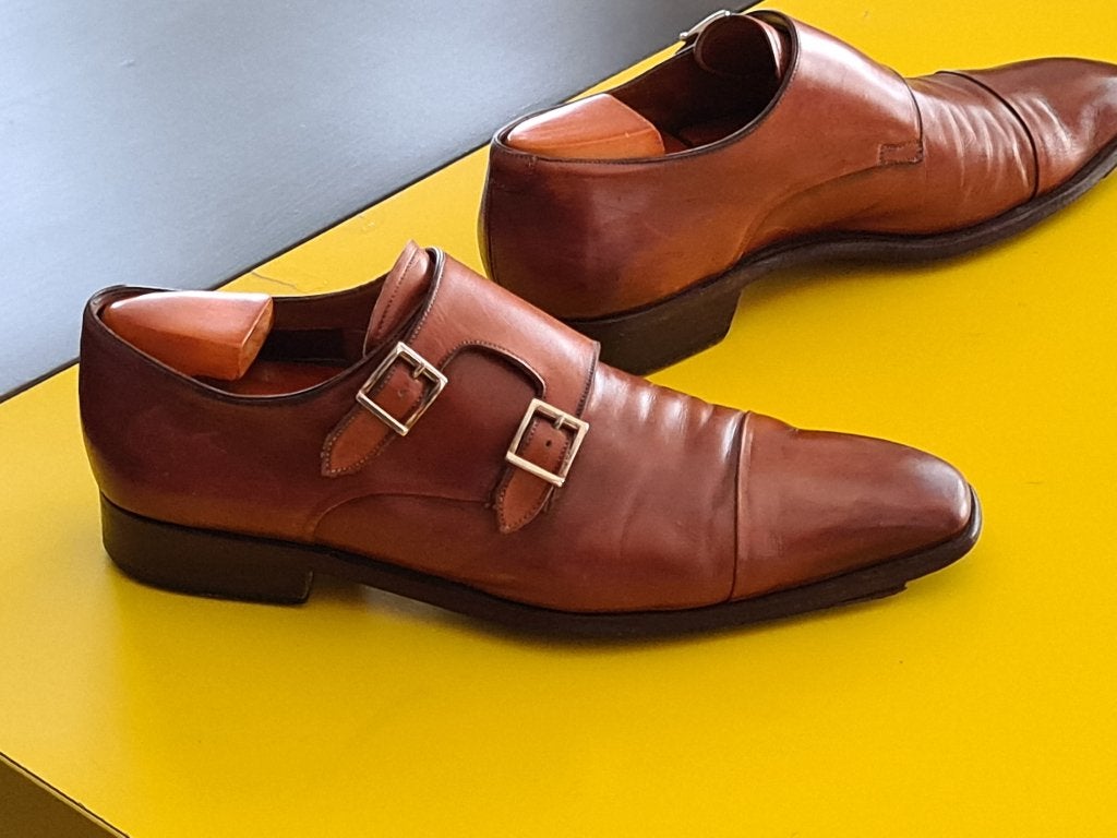 Prachtige Santoni schoenen met 2  gesp en Cognac kleur 41/5, Ophalen, Bruin, Santoni, Gespschoenen