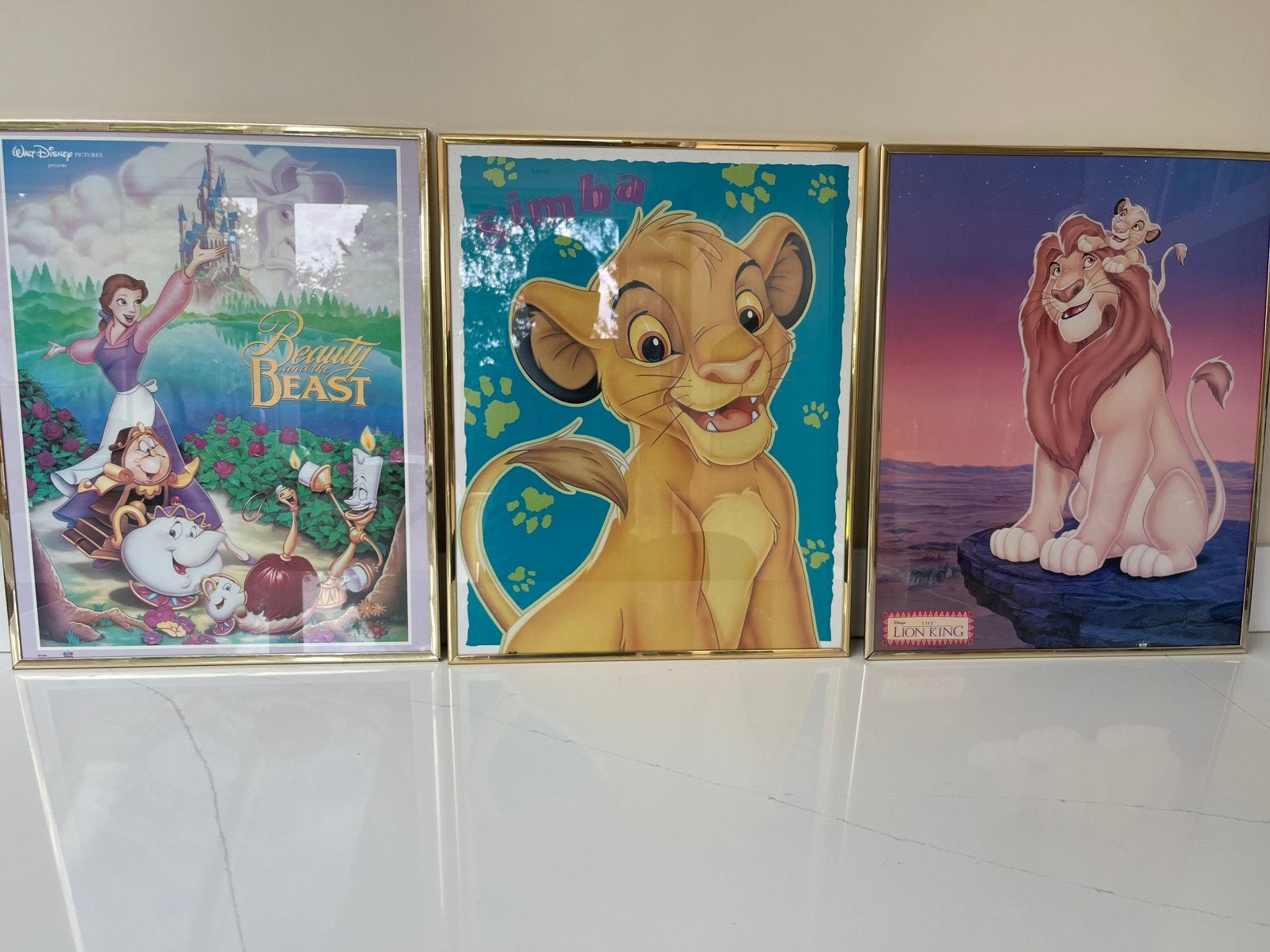 Set 3x Disney posters Lion King en Belle & het Beest ‘94/95, Rechthoekig Staand, Met lijst, Ophalen of Verzenden, Zo goed als nieuw