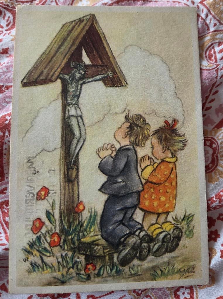 Jongen en meisje bidden bij een kruisbeeld, Verzenden, 1940 tot 1960, Gelopen, Kinderen