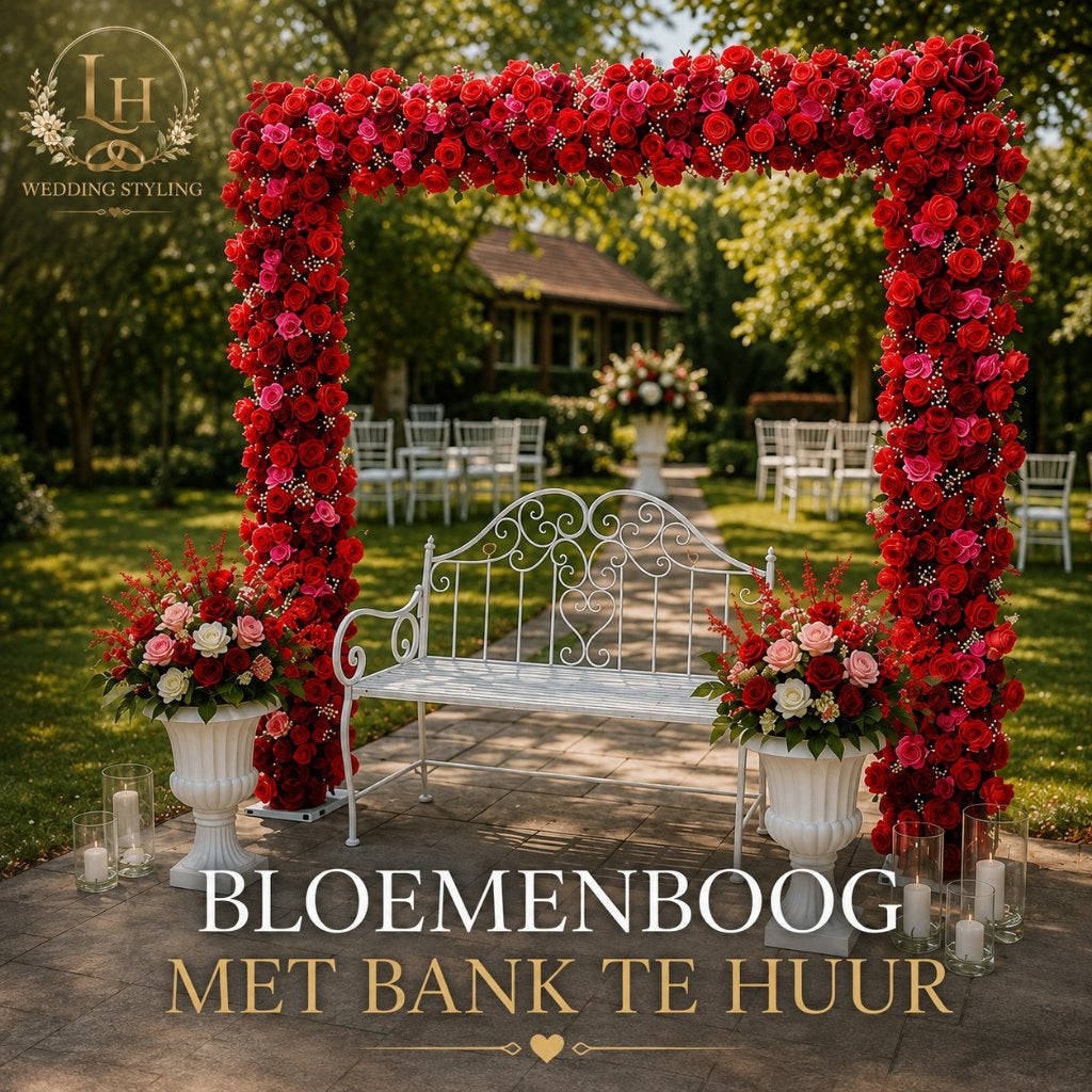 Backdrop bloemenboog met witte bank te huur | Bruiloft, Ophalen, Nieuw, Geboorte of Huwelijk