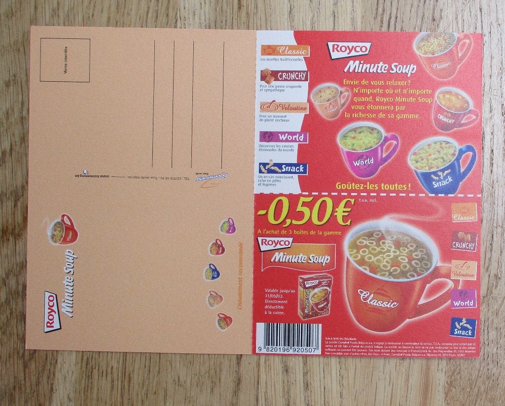 ROYCO soep reclamekaart afgebeeld koppen met soepen 2003, Ophalen of Verzenden, Zo goed als nieuw, Overige typen