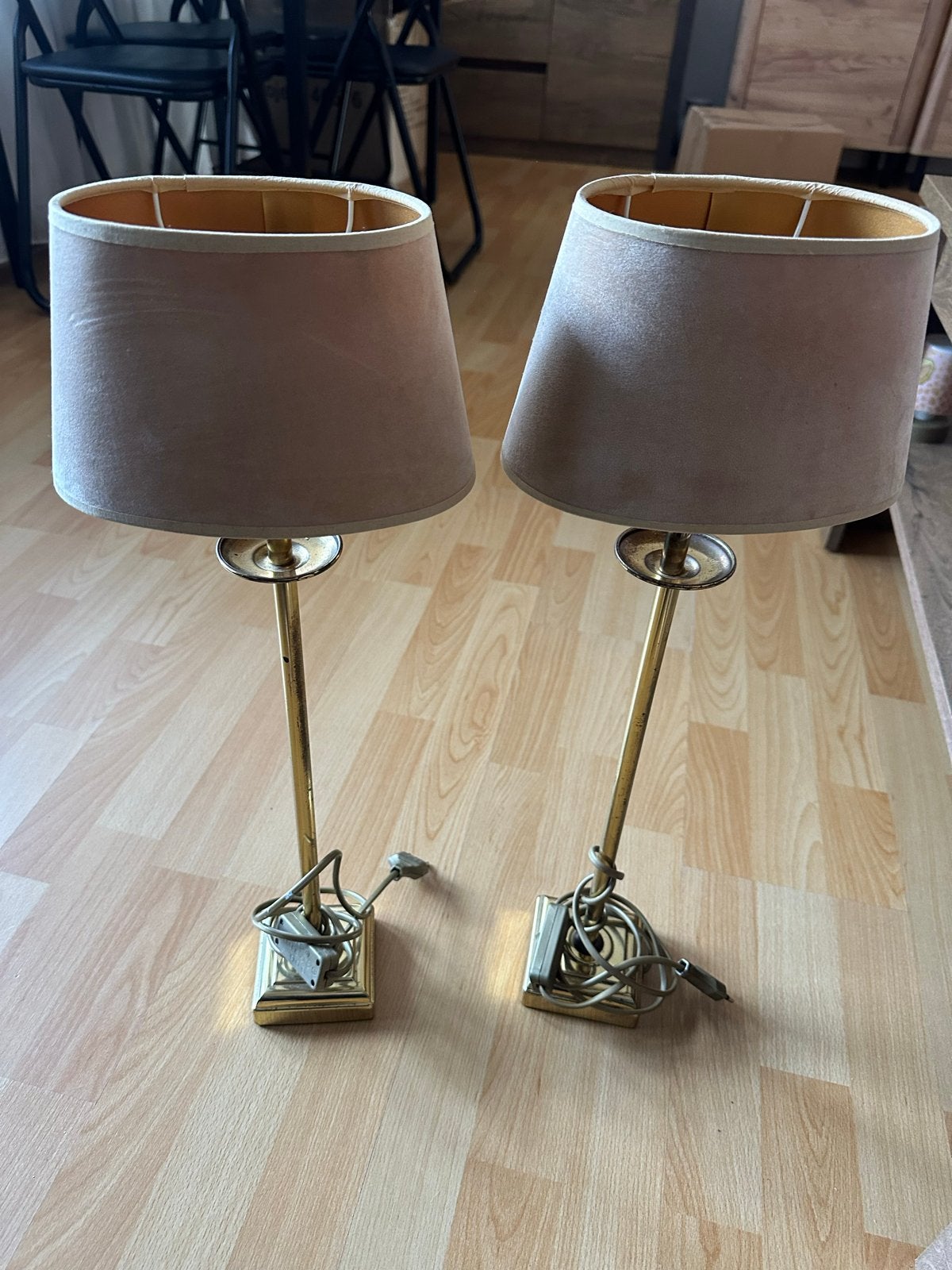 Set van 2 Vintage Messing Tafellampen met Stoffen Kappen, Gebruikt, Overige merken, Met kap, Vintage
