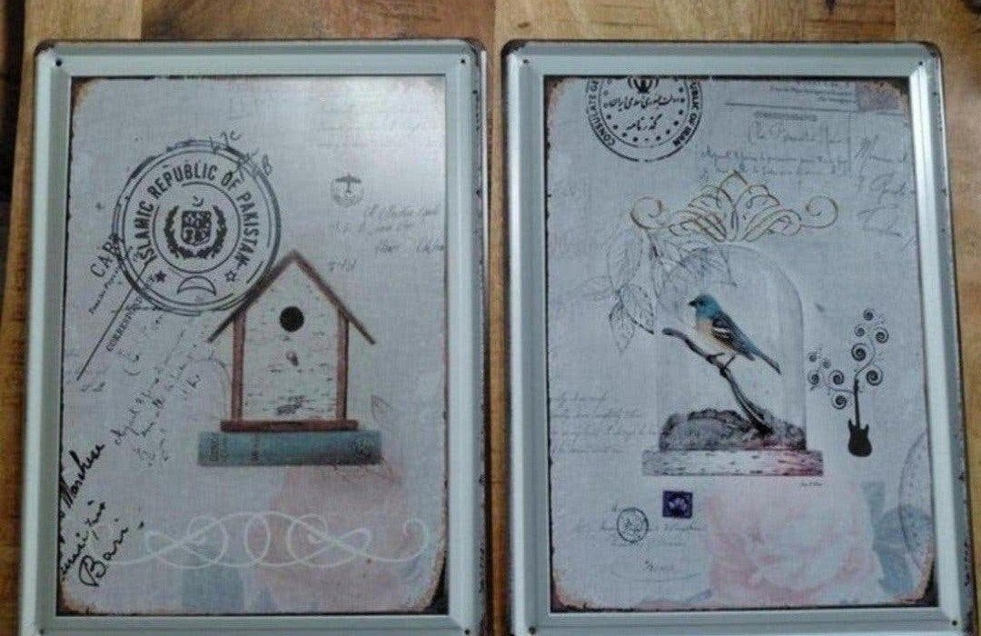 Set van 2 Vintage Metalen Wandborden - Vogel & Vogelhuisje, Metaal, Ophalen of Verzenden, Zo goed als nieuw, Wandbord of Wandpaneel