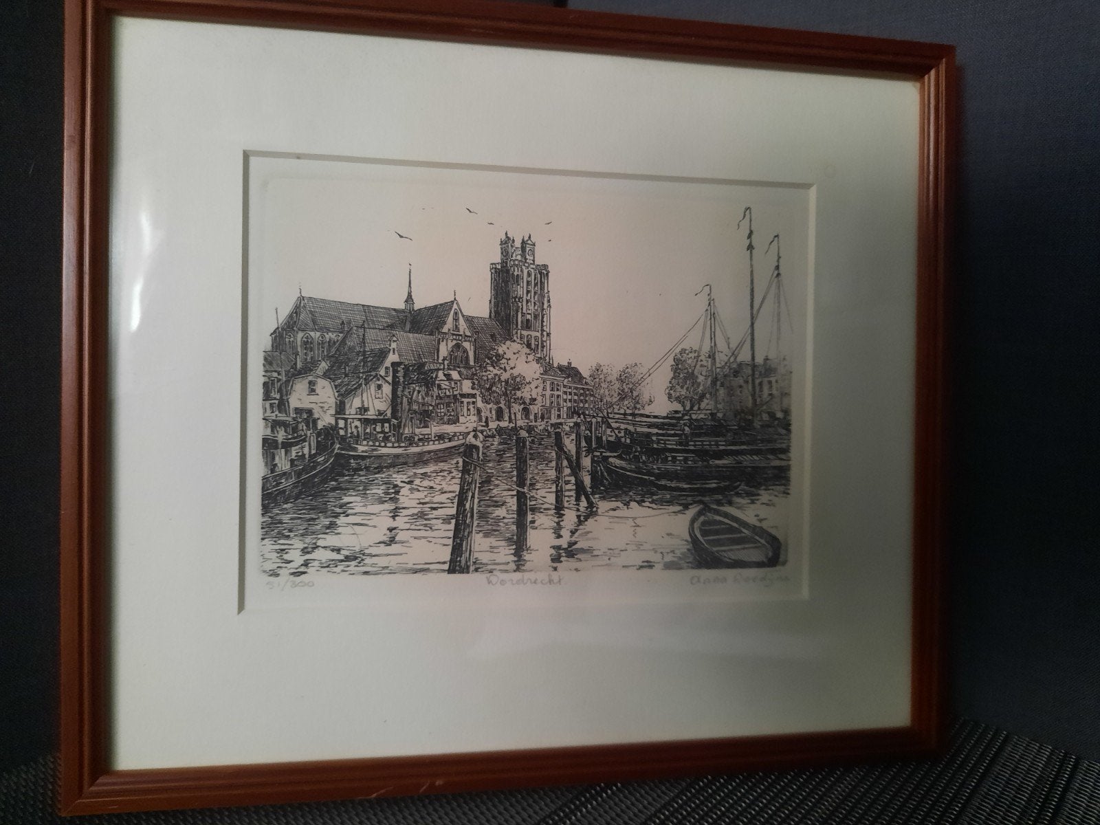 Ets Dordrecht Grote Kerk en haven, gesigneerd en genummerd, Ophalen, 1950 - 1999, Ets, Genummerd