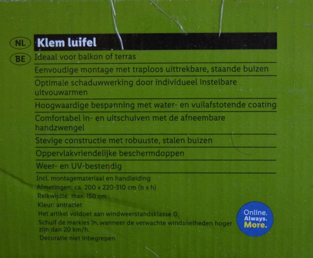 Klemluifel, Tuin en Terras, Zonneschermen, Ophalen, Overige typen, 150 tot 300 cm, Minder dan 250 cm