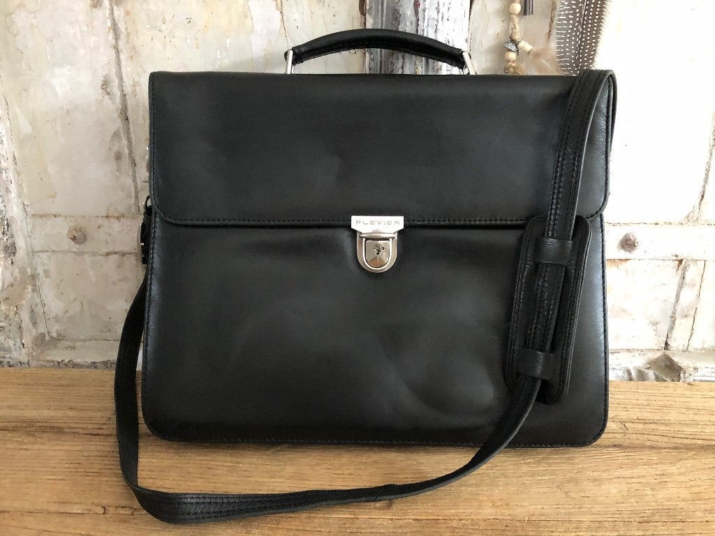 Lederen tas - laptoptas van het merk Plevier - zwart leer, Aktetas, Ophalen of Verzenden, Zo goed als nieuw, Tabletvak