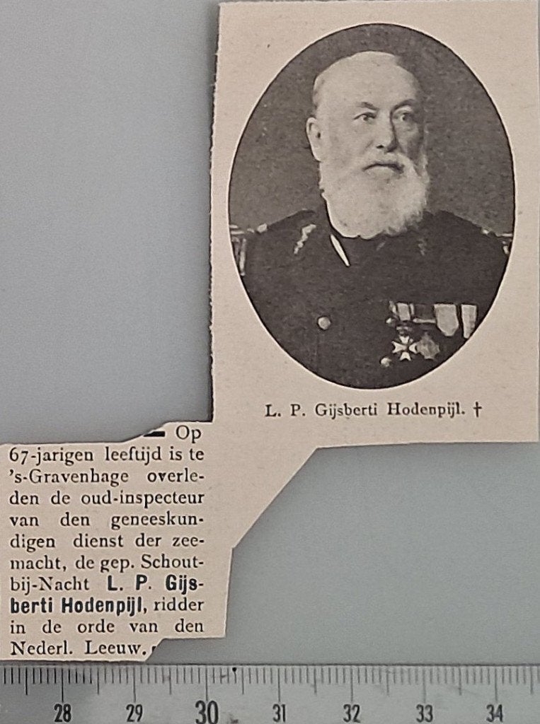 Marine 1908: gep. Schout b.n. Gijsberti Hodenpijl overleden, Verzamelen, Foto's en Prenten, Verzenden, Voor 1940, Gebruikt, Overige onderwerpen