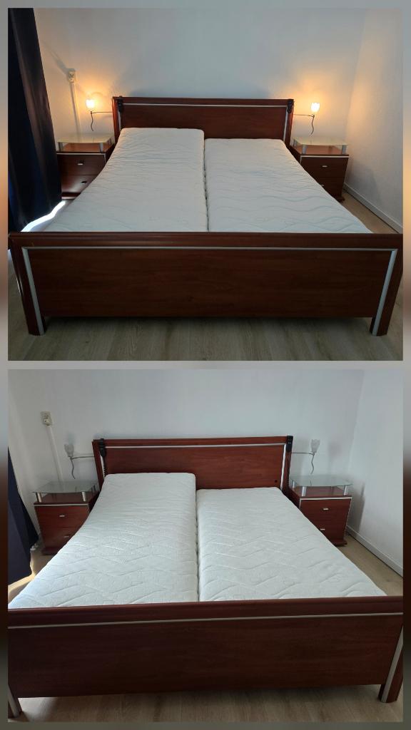 Bed 160x200 elektr.verstelbare lattenbodems (evt ook los), Ophalen, Mahonie met sierlijsten in mat zilverkleurig metaal, Bruin