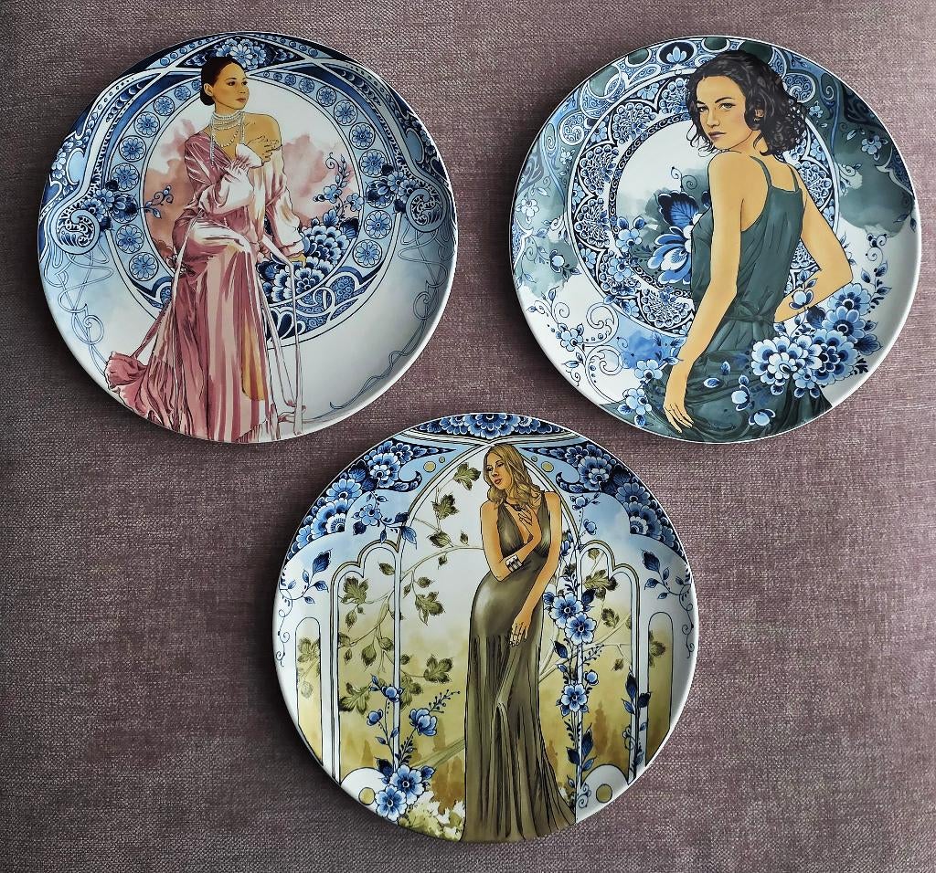 Set van 3 Heinen delfts blauwe Art Nouveau wandborden, Huis en Inrichting, Woonaccessoires | Wanddecoraties, Ophalen of Verzenden
