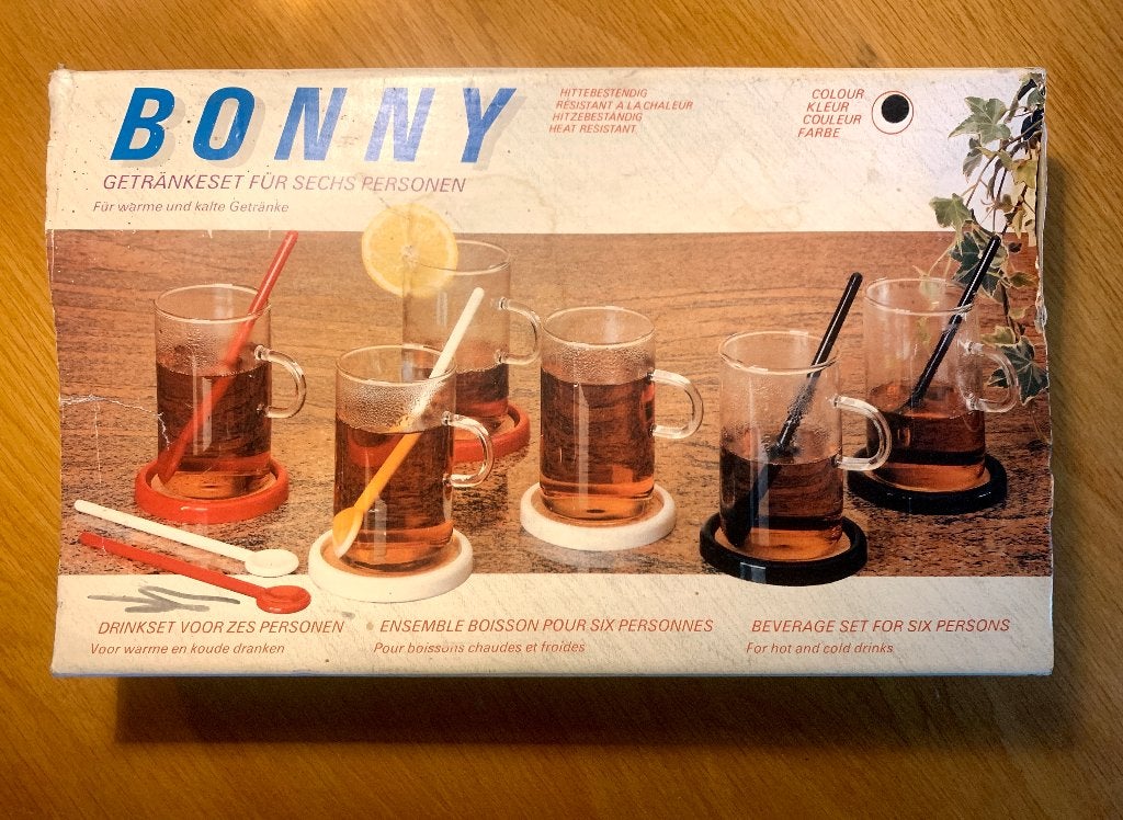 Vintage theeset Bonny 6 theeglazen onderzetters lepeltjes, Glas of Glazen, Overige merken, Nieuw, Ophalen of Verzenden