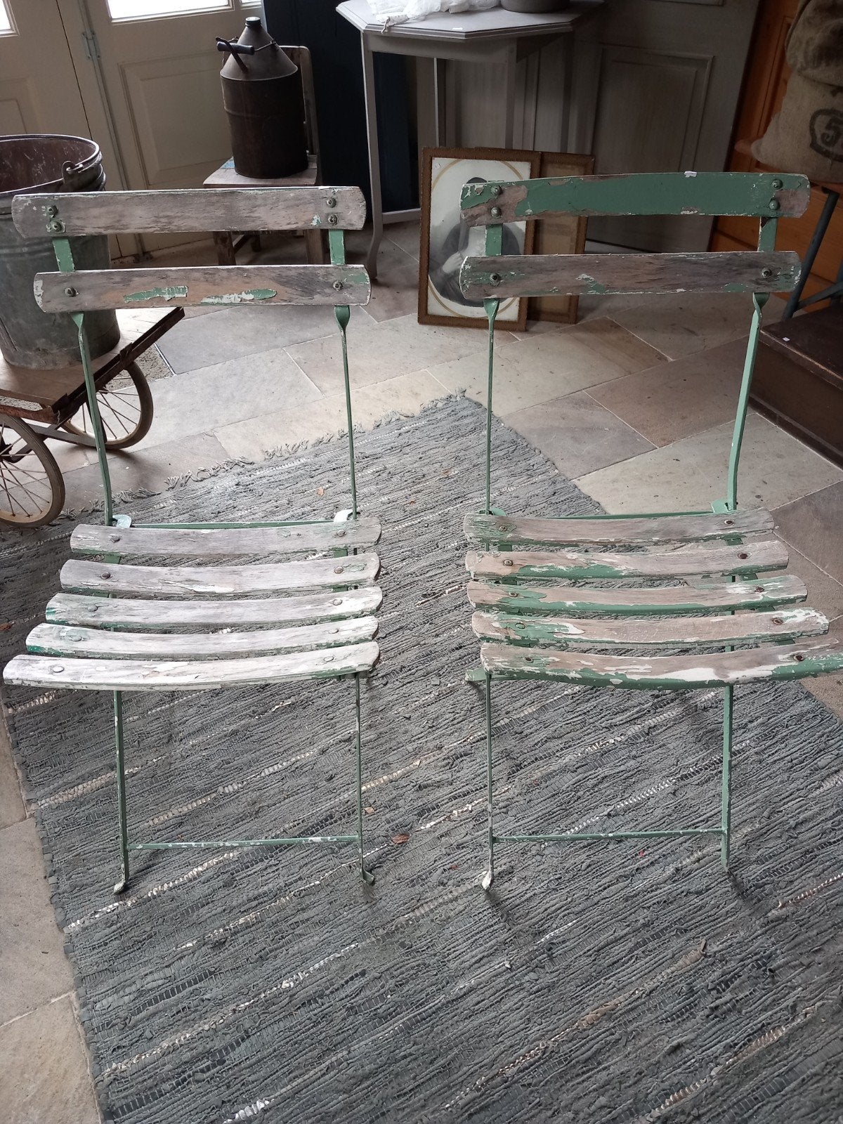 2 oude franse terras stoeltjes, Ophalen of Verzenden, Gebruikt, Hout, Inklapbaar