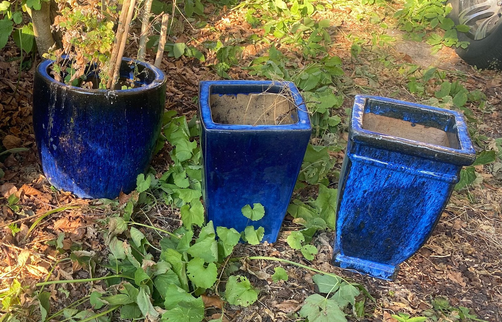 3 blauwe bloempotten, Ophalen, Gebruikt, Steen