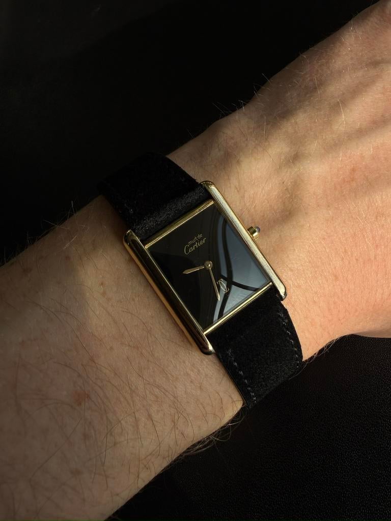 Cartier tank zwart, Sieraden, Tassen en Uiterlijk, Horloges | Heren, Leer, Polshorloge, Zo goed als nieuw, Zilver